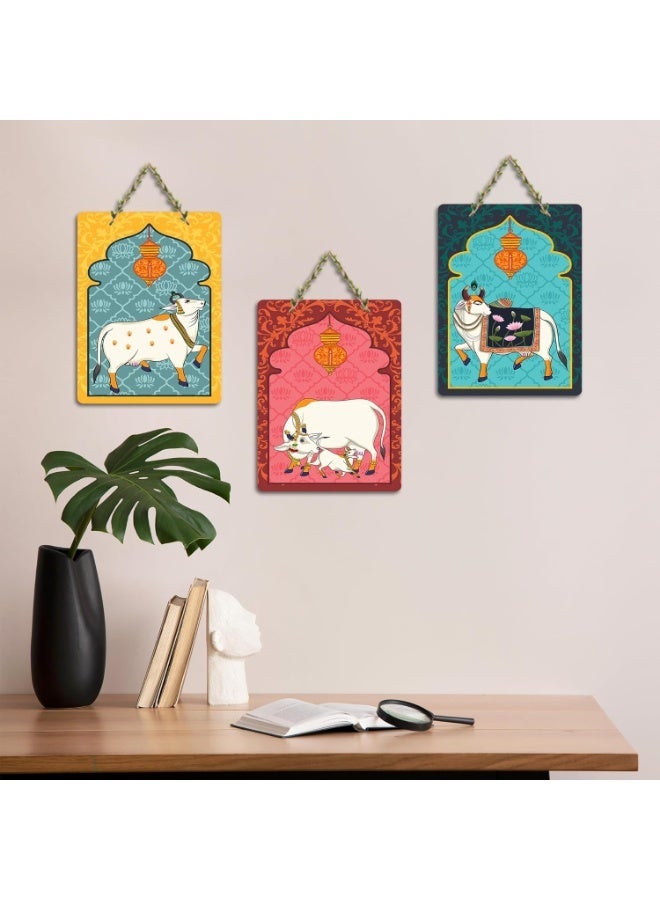 Artvibes Sacred Cows Pichwai Art Decorative Wall Hanging Ornaments | Living Room | Office | Wall Art Painting For Hall | Graphic Artwork | Wall Art Print | Unique Gift Items (WH_96176N), Set of 3 - Image 3