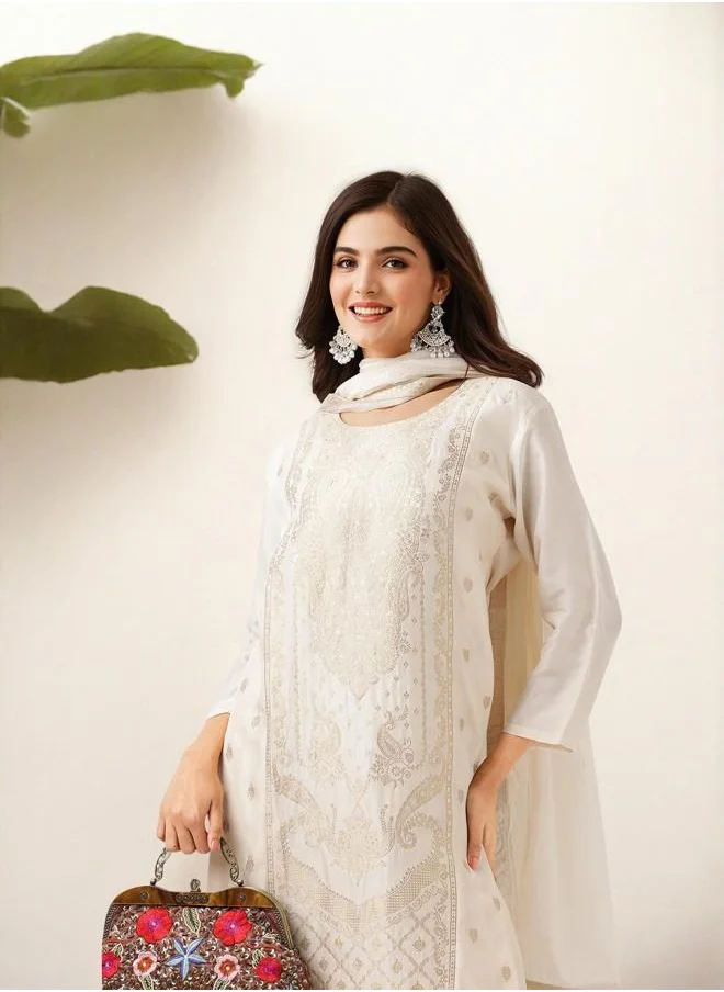 ISHIN Cream Women Cream Poly silk Kurta Set with Embroidered pattern Tunic and Palazzo features a Round neckline and Three-Fourth Sleeve secured with Elastic closure and styled in Straight Fit ideal for Festive moments — perfect for fashion-forward occasions.