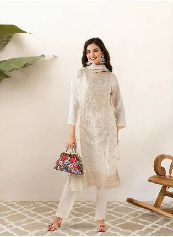 ISHIN Cream Women Cream Poly silk Kurta Set with Embroidered pattern Tunic and Palazzo features a Round neckline and Three-Fourth Sleeve secured with Elastic closure and styled in Straight Fit ideal for Festive moments — perfect for fashion-forward occasions.