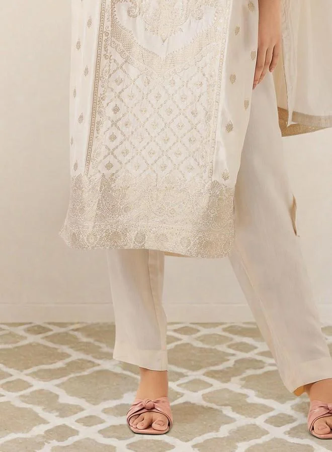 ISHIN Women's Cream Polyester Blend Embroidered Tunic Full Length Palazzo Straight Fit Kurta Set