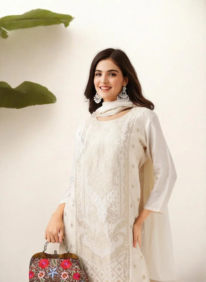 ISHIN Women's Cream Polyester Blend Embroidered Tunic Full Length Palazzo Straight Fit Kurta Set