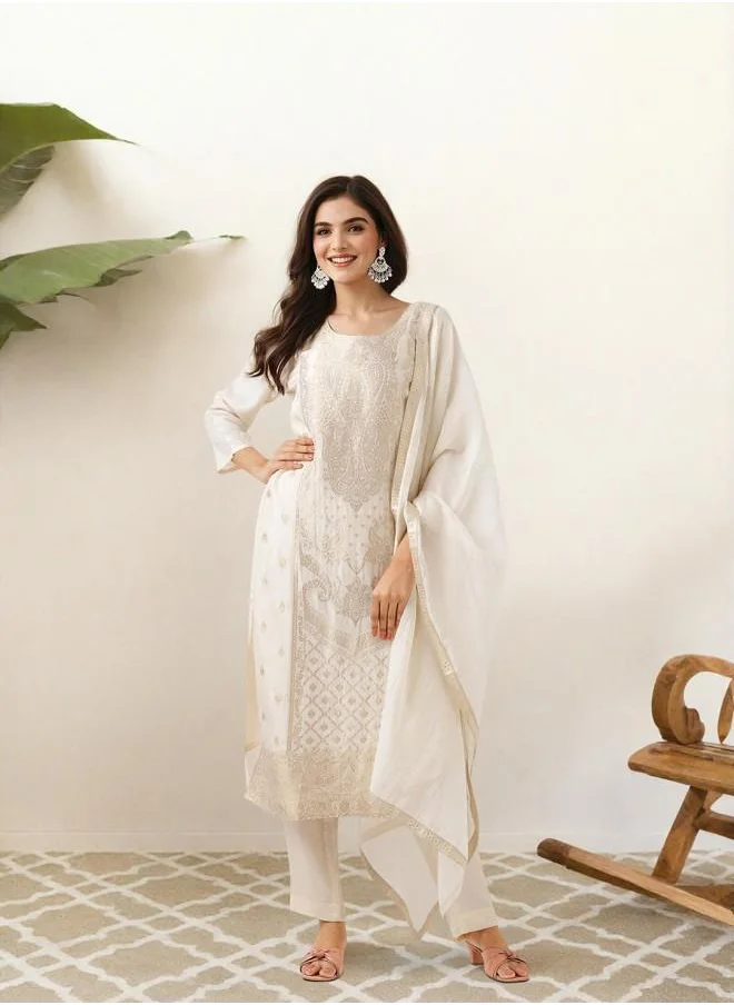 ISHIN Cream Women Cream Poly silk Kurta Set with Embroidered pattern Tunic and Palazzo features a Round neckline and Three-Fourth Sleeve secured with Elastic closure and styled in Straight Fit ideal for Festive moments — perfect for fashion-forward occasions.