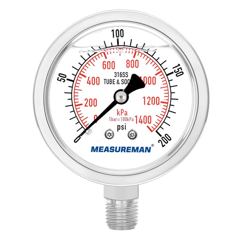 MEASUREMAN مقياس ضغط هيدروليكي مملوء بالجليسرين من الفولاذ المقاوم للصدأ بالكامل من ميزورمان، حجم القرص 2-1/2 بوصة، تركيب سفلي 1/4 إنش إن بي تي، نطاق 0-200 رطل لكل بوصة مربعة/كيلو باسكال - Image 1