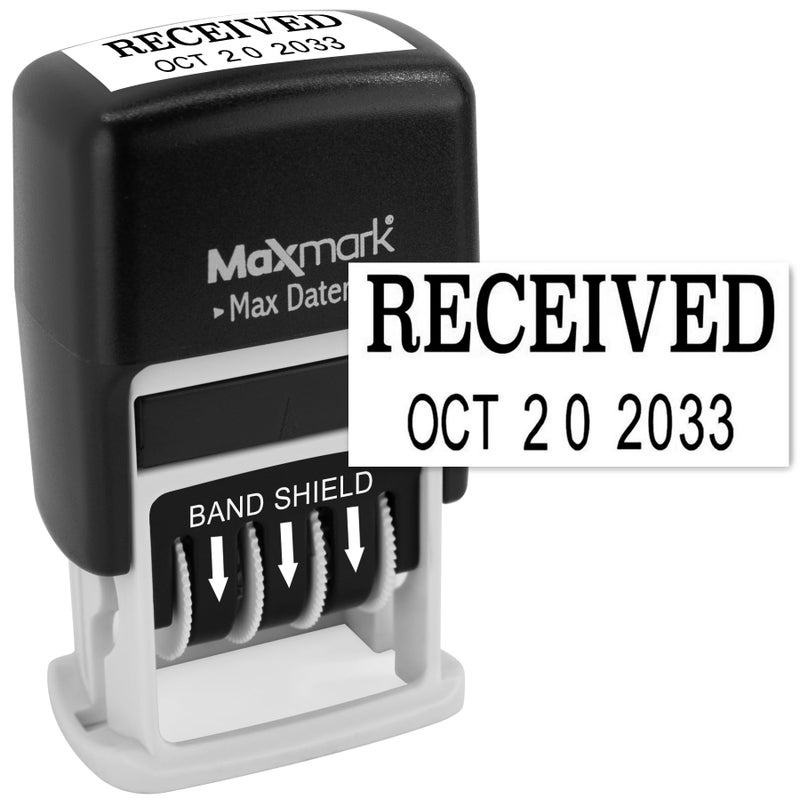 MaxMark SelfInking Rubber Date Office Stamp with Received Phrase  Date  Black Ink Max Dater II 12Year Band