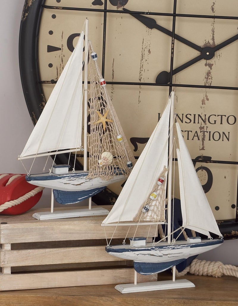 Deco 79 Wood Sail Boat Handmade Decorative Sculpture Home Decor Statues, set of 2 Accent Figurines 13" x 2" x 20", White - Image 2