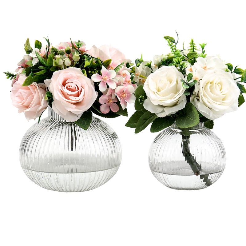 YANWE1 Round Glass Vases Set of 2, Flower Vases for Bouquet, Ribbed Glass Vase for Flowers, Small Clear Vase for Living Room, Office, Coffee Table, Shelf, Wedding - Image 1