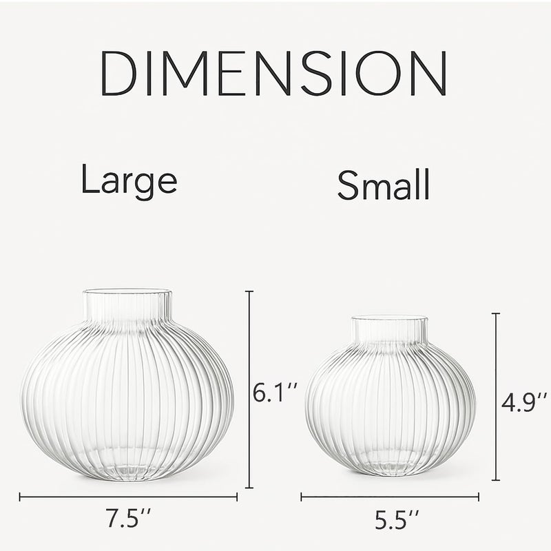 YANWE1 Round Glass Vases Set of 2, Flower Vases for Bouquet, Ribbed Glass Vase for Flowers, Small Clear Vase for Living Room, Office, Coffee Table, Shelf, Wedding - Image 5