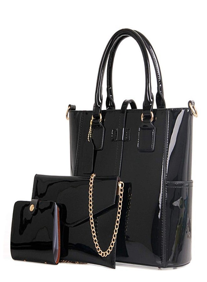 Chikencall® Women Fashion Handbags Patent Leather Tote Purses Ladies Shoulder Bags Top Handle Chain Satchel Purse Set 3pcs Black - Image 1