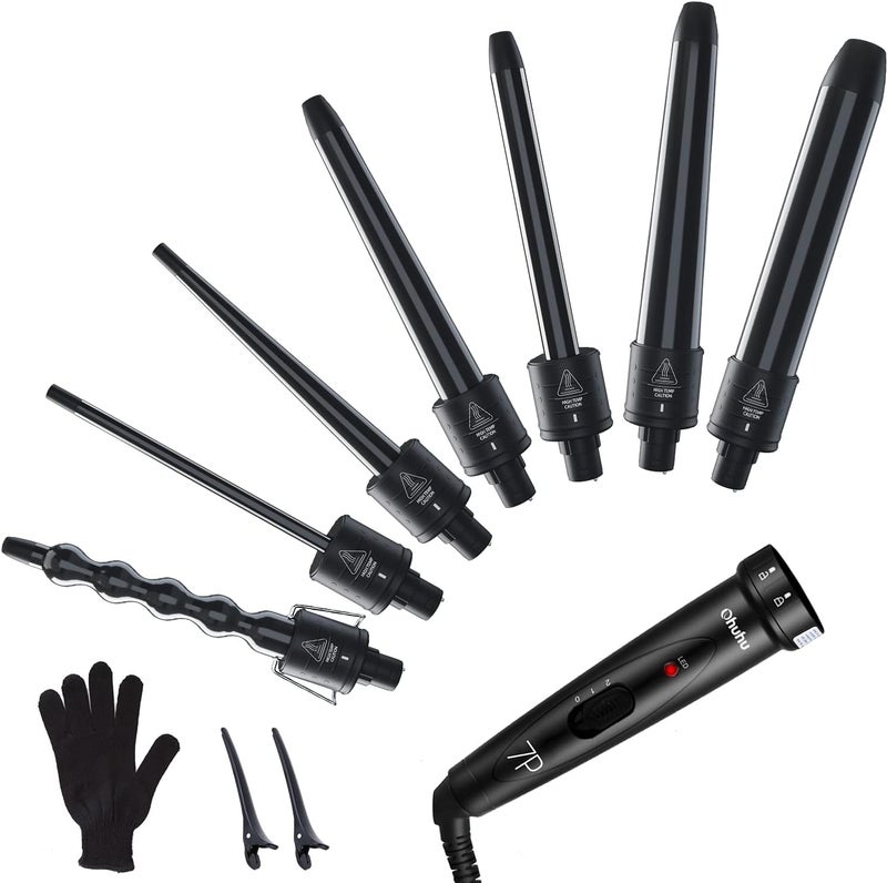 7 in 1 Curling Wand Set Ohuhu Curling Iron Wand 7Pcs 035 to 125 Inch Interchangeable Ceramic Barrel Heat Protective Glove 2 Clips Dual Voltage Hair Curler for Girls Women Black