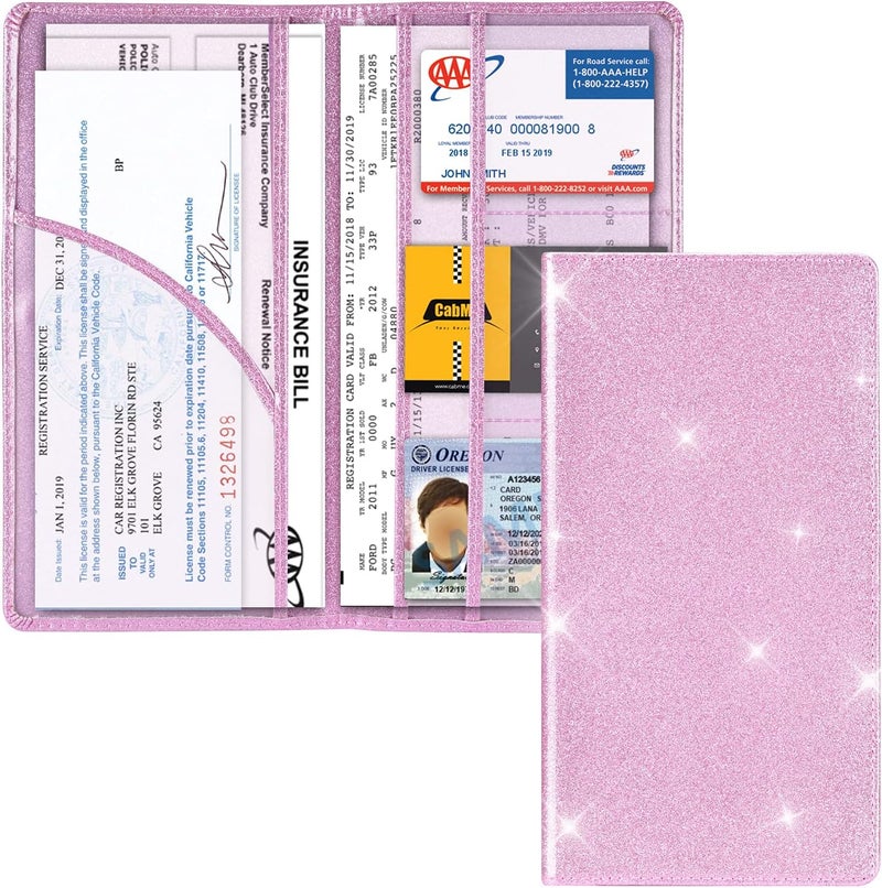 Cacturism Car Registration and Insurance Holder, Car Accessories Vehicle Glove Box Car Organizer Men Women Wallet Case with Magnetic Shut for Cards, Essential Document, Driver License, Bling Pink - Image 1
