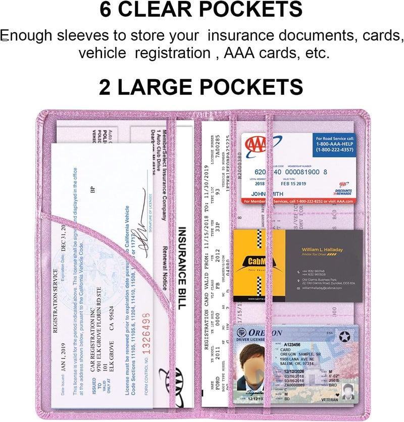 Cacturism Car Registration and Insurance Holder, Car Accessories Vehicle Glove Box Car Organizer Men Women Wallet Case with Magnetic Shut for Cards, Essential Document, Driver License, Bling Pink - Image 2