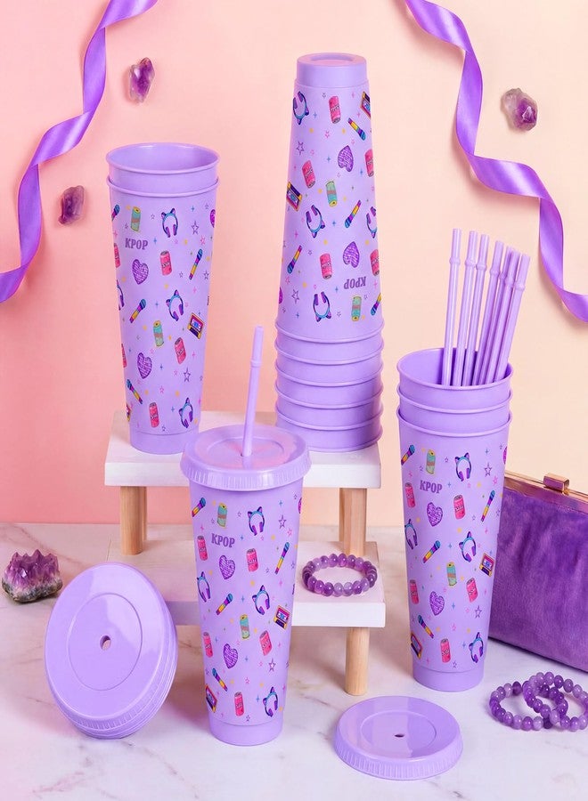 Willinglong 12 Pack Kpop Theme Disposable Plastic Cup Set - 12 oz Purple Color Stars Korean Theme Knot Pattern Birthday Party Cups for Movie Inspired Party Supplies - Image 2