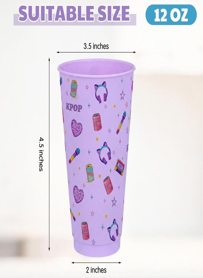 Willinglong 12 Pack Kpop Theme Disposable Plastic Cup Set - 12 oz Purple Color Stars Korean Theme Knot Pattern Birthday Party Cups for Movie Inspired Party Supplies - Image 3