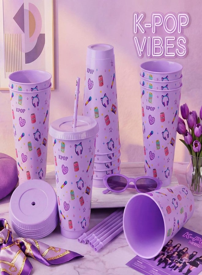 Willinglong 12 Pack Kpop Theme Disposable Plastic Cup Set - 12 oz Purple Color Stars Korean Theme Knot Pattern Birthday Party Cups for Movie Inspired Party Supplies - Image 5