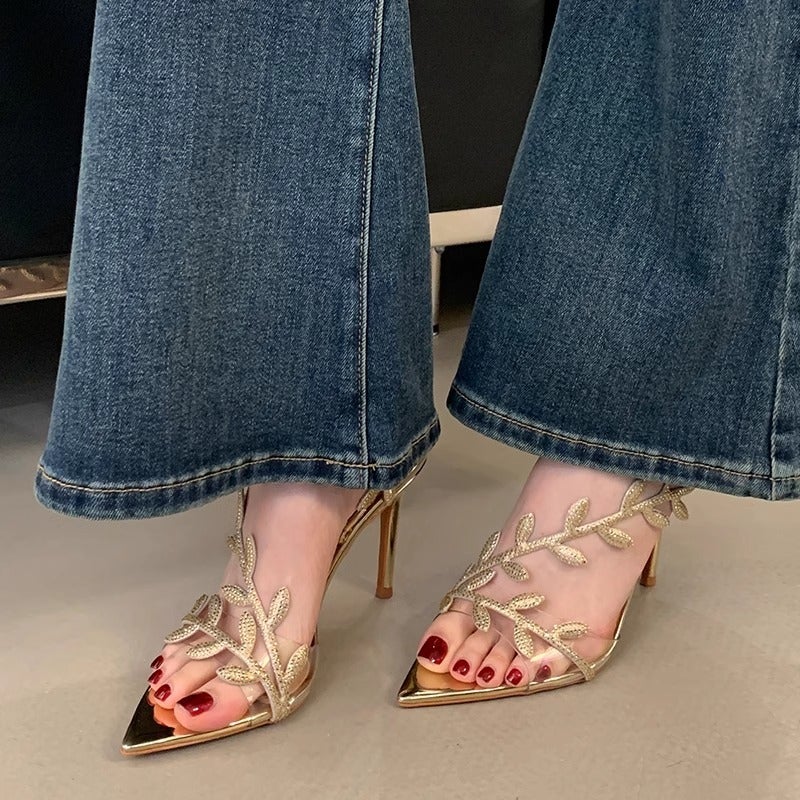 White Pillow Crane Model Golden Branch Jade Leaf High Heels Black Pointed Toe French Sandals Black About Cm - Image 1