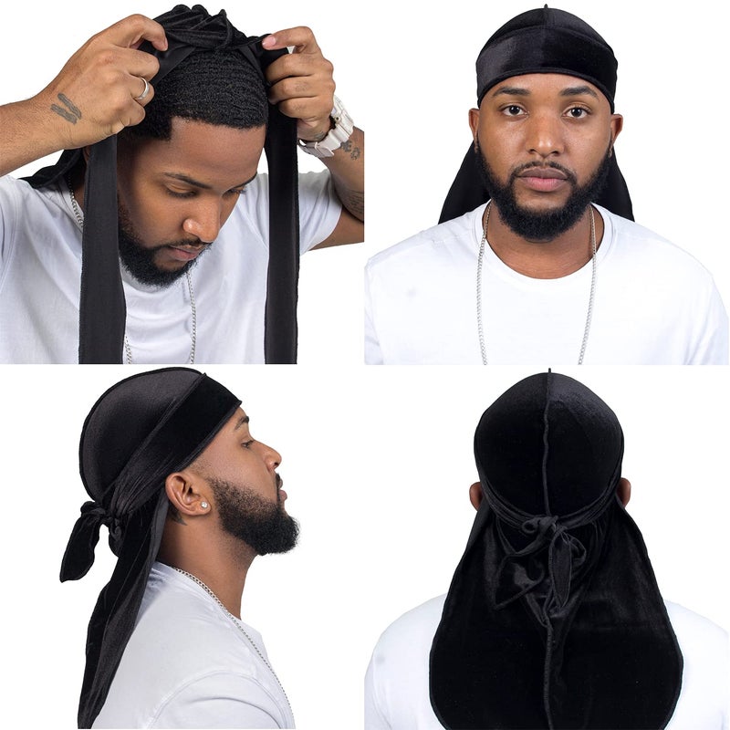 ForceWave Velvet Durag for Men Velvet Dorag for Waves 2 Pieces Due Rag for Men Women (Black Black) - Image 4