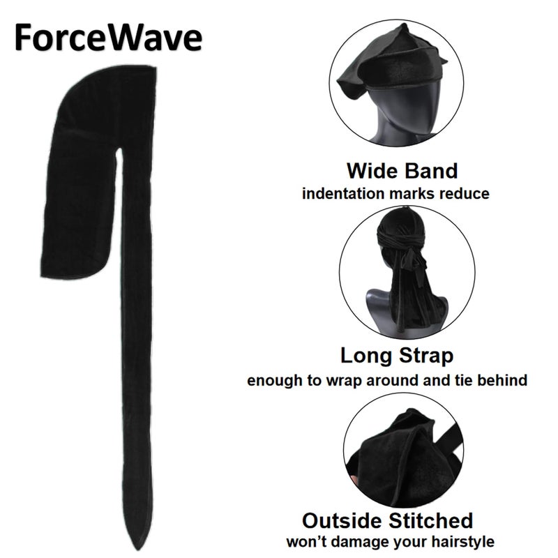 ForceWave Velvet Durag for Men Velvet Dorag for Waves 2 Pieces Due Rag for Men Women (Black Black) - Image 3