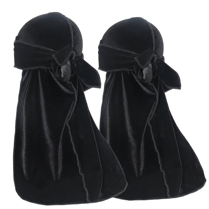 ForceWave Velvet Durag for Men Velvet Dorag for Waves 2 Pieces Due Rag for Men Women (Black Black) - Image 1