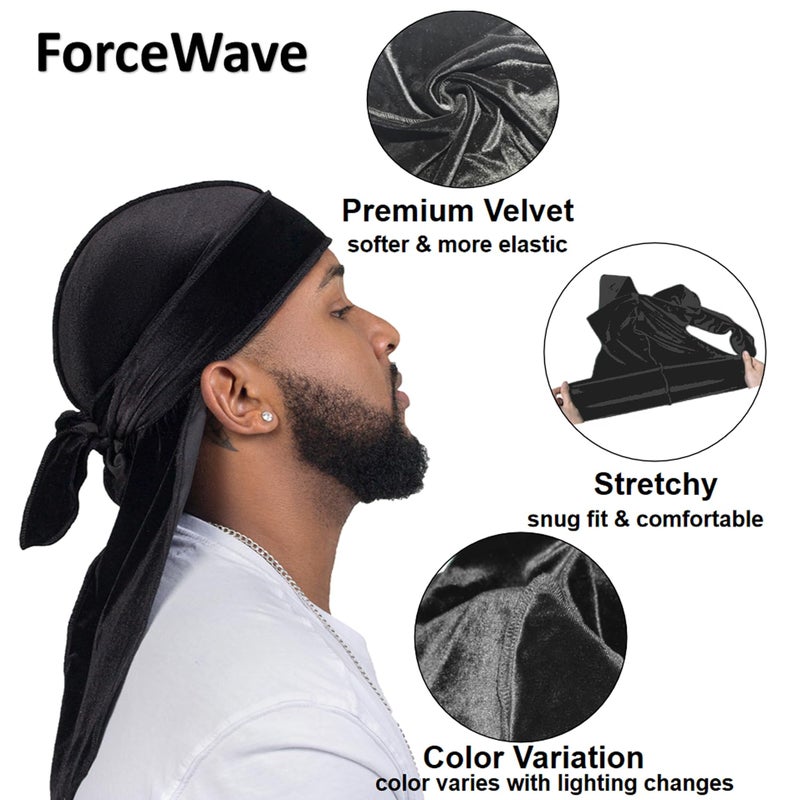 ForceWave Velvet Durag for Men Velvet Dorag for Waves 2 Pieces Due Rag for Men Women (Black Black) - Image 2
