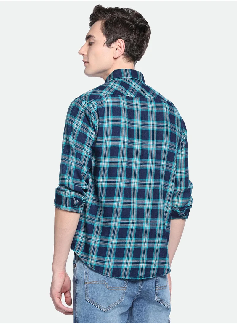 Dennis Lingo Teal Slim Fit Checks Shirt for Men - Cotton, Full Sleeves, Spread Collar, Casual