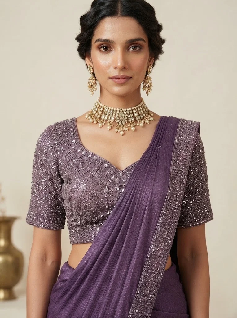 Viny VINY Purple 2-Piece Embellished Saree Set – Women's Indian Ethnic Wear