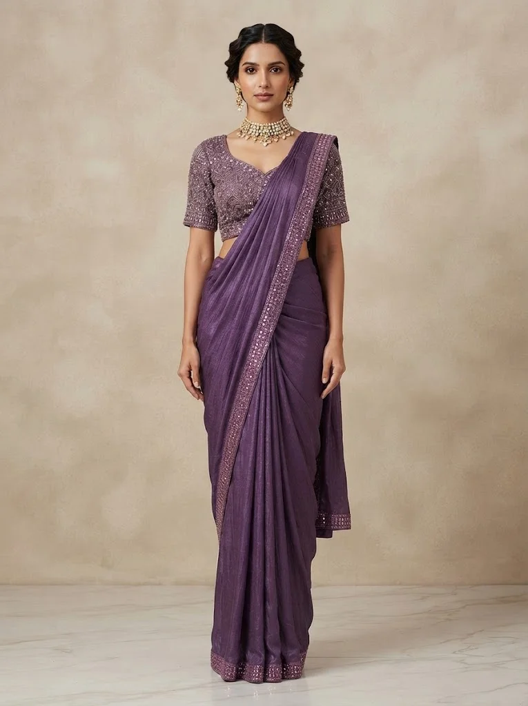 Viny VINY Purple 2-Piece Embellished Saree Set – Women's Indian Ethnic Wear