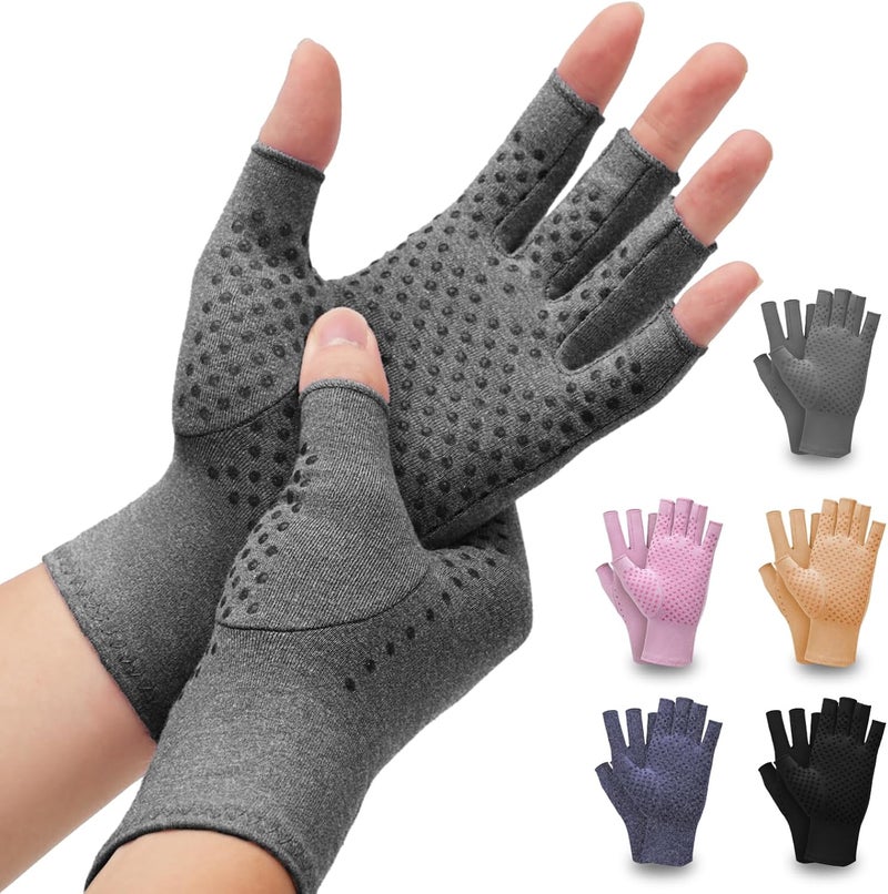 2 Pairs Arthritis Compression Gloves for Hand Pain Relief, Fingerless, Anti-Slip, Breathable, Large, Gray - Image 1