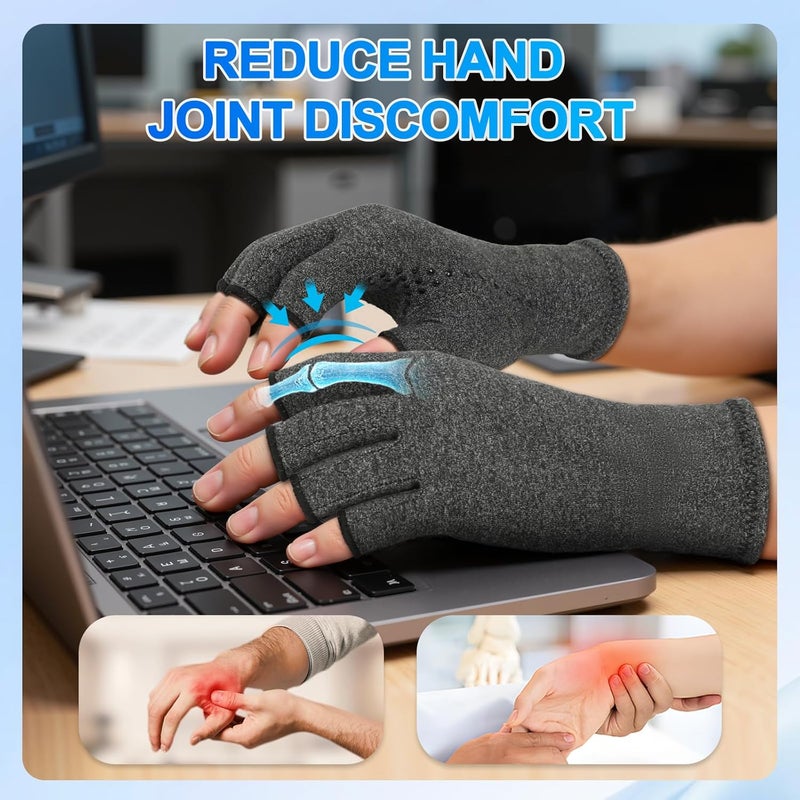 2 Pairs Arthritis Compression Gloves for Hand Pain Relief, Fingerless, Anti-Slip, Breathable, Large, Gray - Image 3