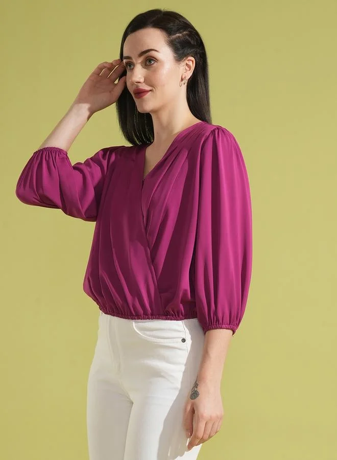 globus Globus V-Neck Puff Sleeves Pleated Wrap Top