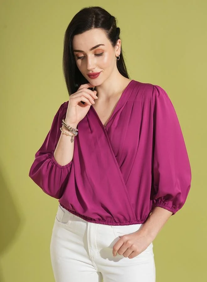 globus Globus V-Neck Puff Sleeves Pleated Wrap Top