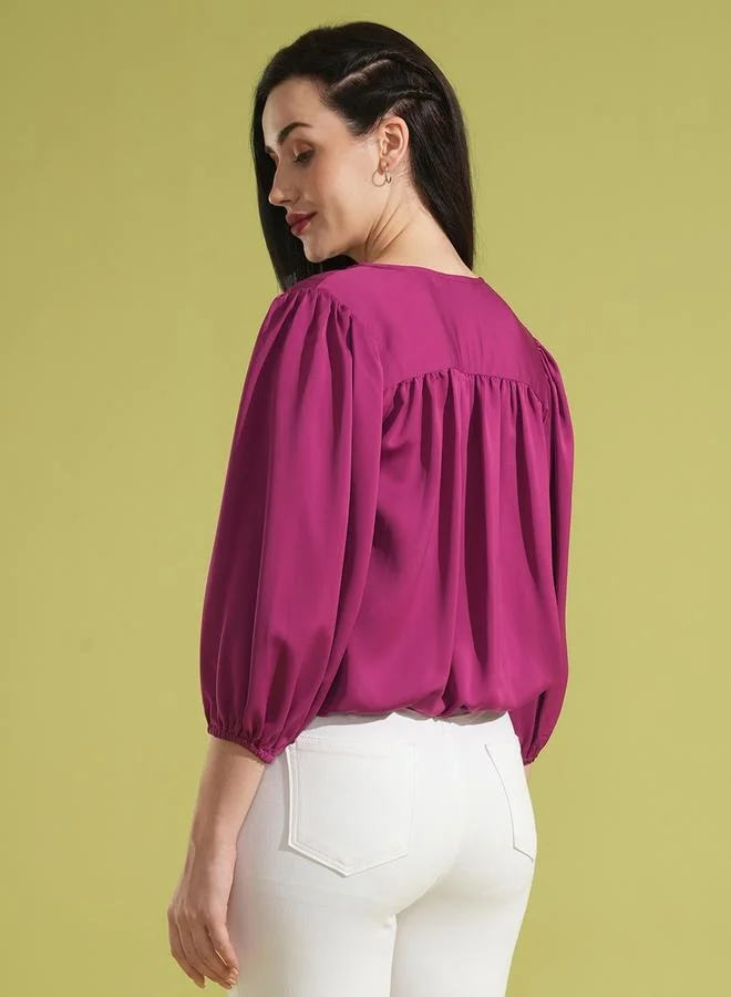 globus Globus V-Neck Puff Sleeves Pleated Wrap Top