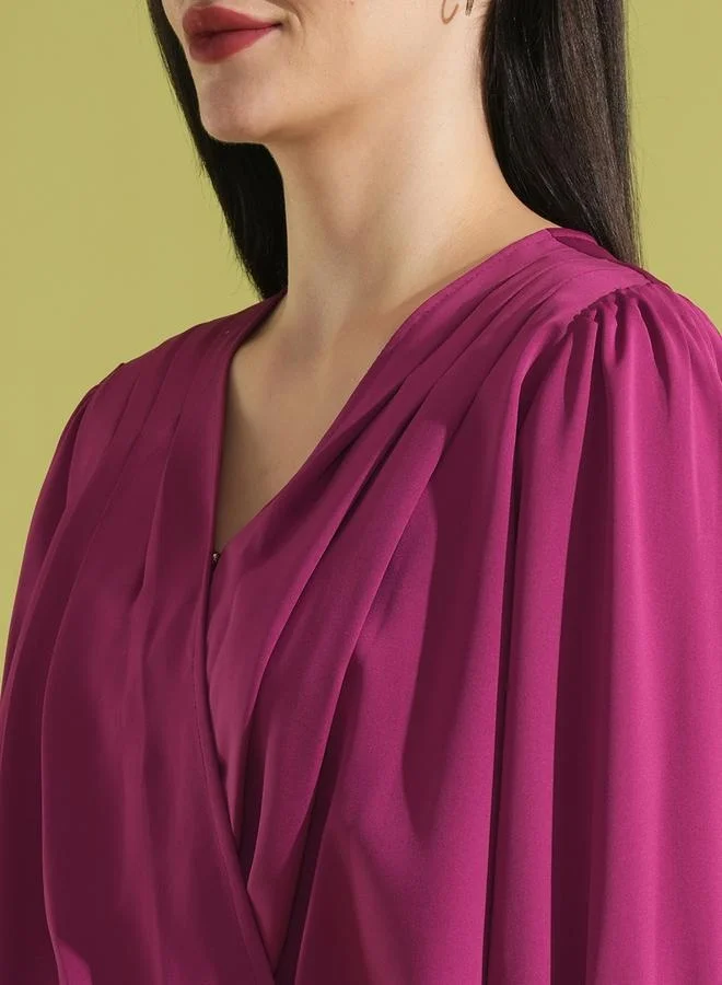 globus Globus V-Neck Puff Sleeves Pleated Wrap Top