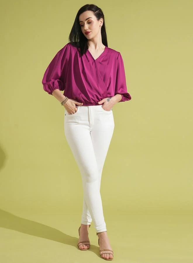 globus Globus V-Neck Puff Sleeves Pleated Wrap Top