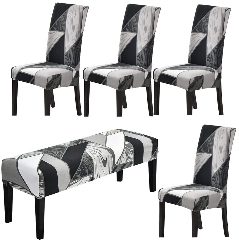 HAPPYDOG Stretch Dining Chair Covers Removable Washable Spandex Slipcovers for High Chairs 4PCS/Set+ 1 PCS Bench Cover (White G-B) - Image 1