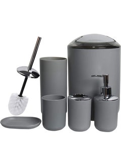 Bathroom Accessories Set, Plastic Gift Bath Set with Trash Can, Toilet Brush, Toothbrush Holder, Soap Dispenser, Soap Dish, Soap and Lotion Set (Grey)