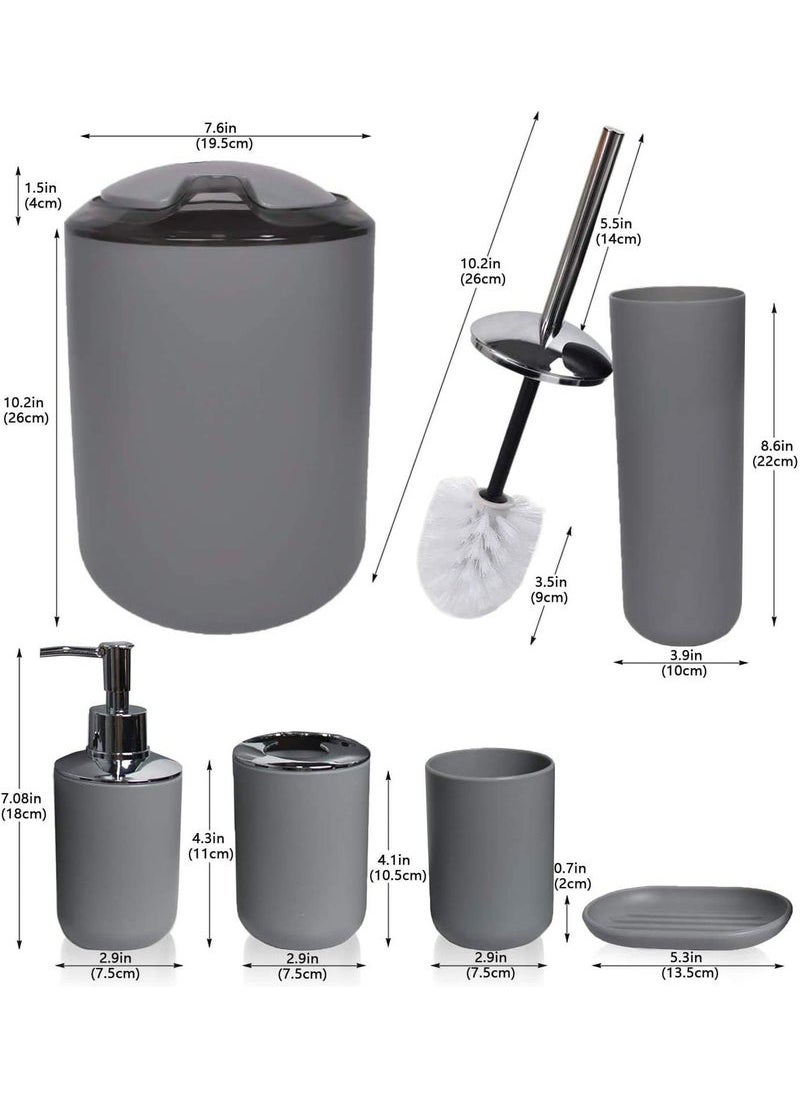 MIXDE - Bathroom Accessories Set, Plastic Gift Bath Set with Trash Can, Toilet Brush, Toothbrush Holder, Soap Dispenser, Soap Dish, Soap and Lotion Set (Grey) - Image 1