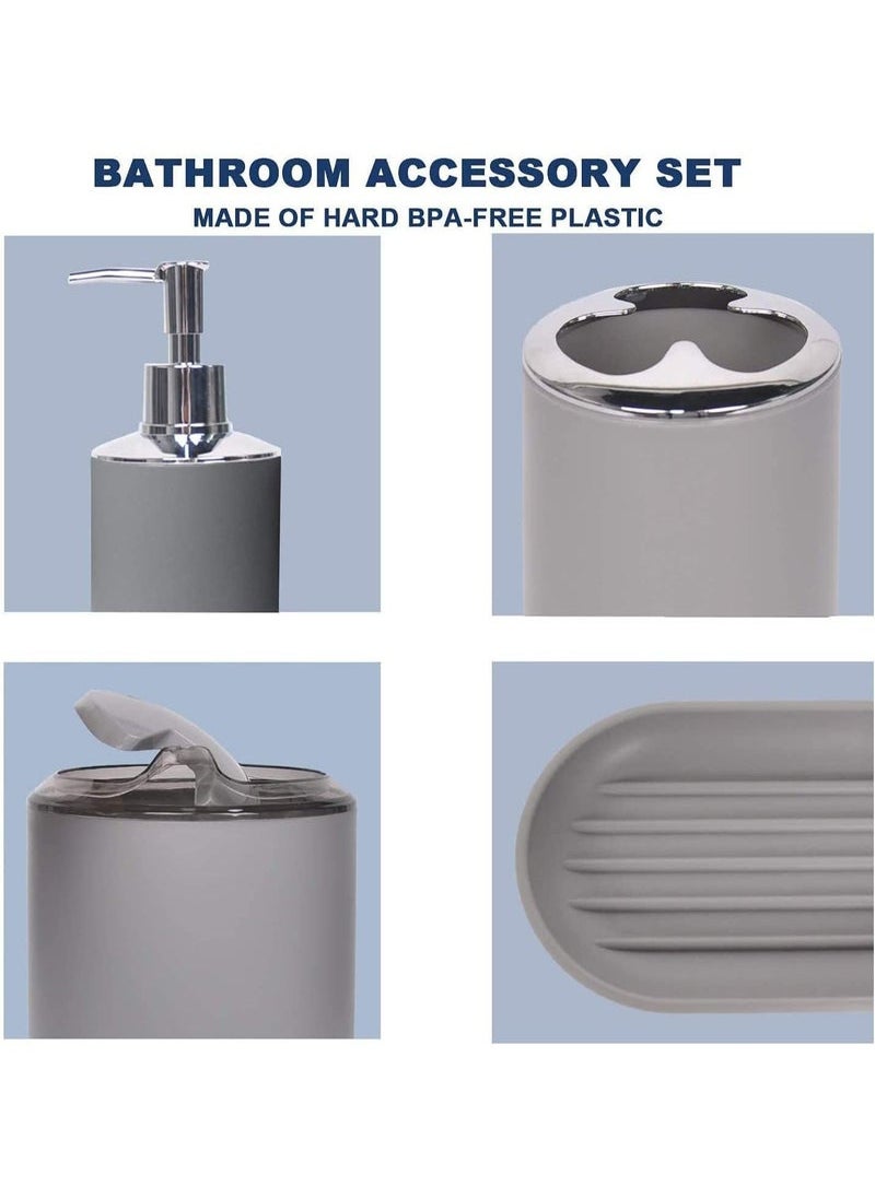 MIXDE - Bathroom Accessories Set, Plastic Gift Bath Set with Trash Can, Toilet Brush, Toothbrush Holder, Soap Dispenser, Soap Dish, Soap and Lotion Set (Grey) - Image 1