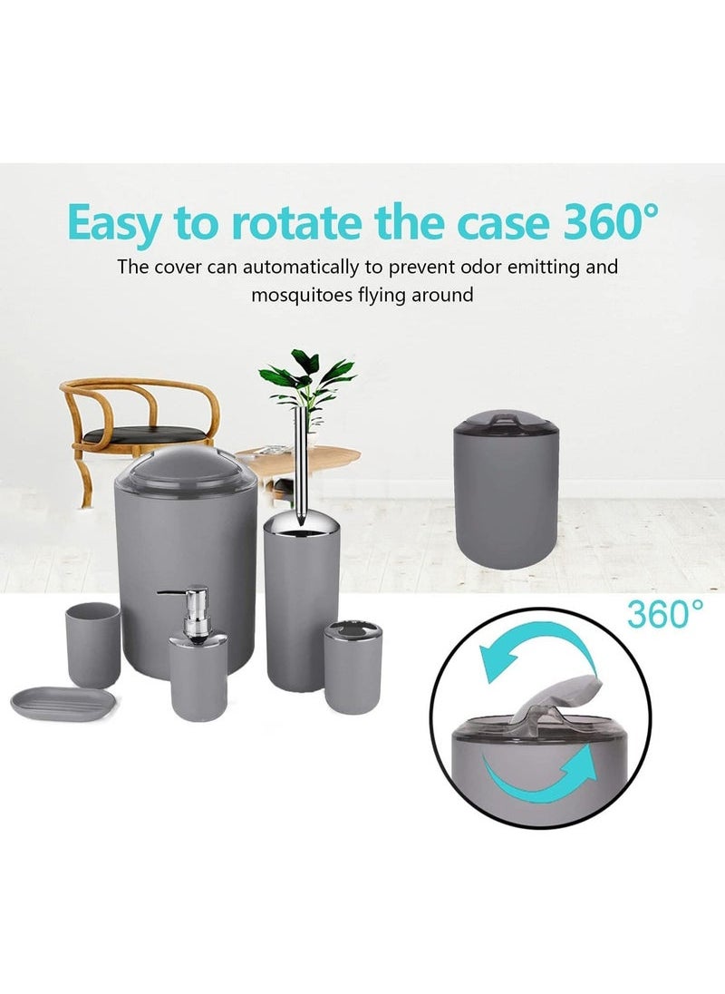 MIXDE - Bathroom Accessories Set, Plastic Gift Bath Set with Trash Can, Toilet Brush, Toothbrush Holder, Soap Dispenser, Soap Dish, Soap and Lotion Set (Grey) - Image 1