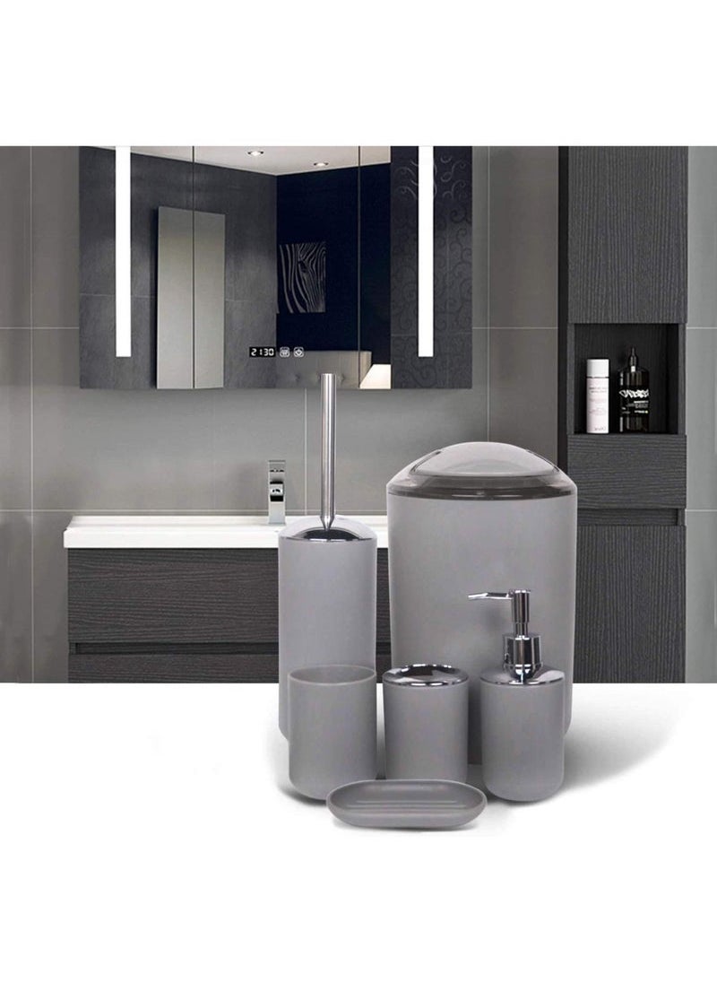 MIXDE - Bathroom Accessories Set, Plastic Gift Bath Set with Trash Can, Toilet Brush, Toothbrush Holder, Soap Dispenser, Soap Dish, Soap and Lotion Set (Grey) - Image 1