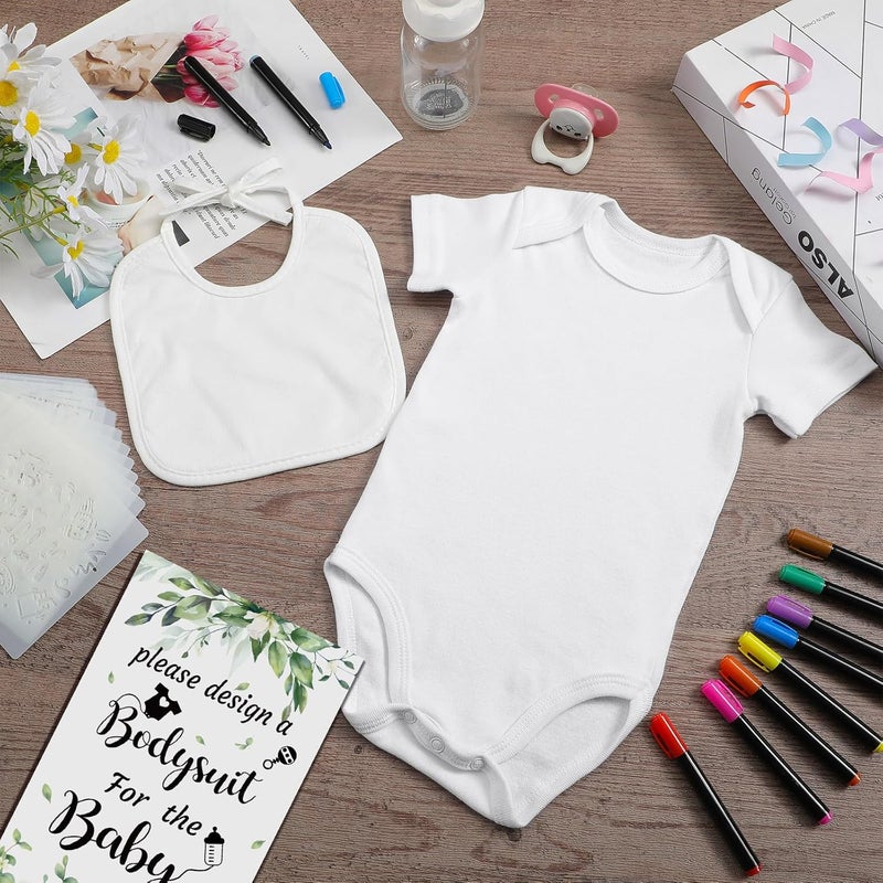 Chuarry 43 Pcs DIY Baby Bibs Decorating Kit 8 Bodysuits 8 Pcs 2 Ply White Bibs 10 Fabric Markers 16 Stencils Baby Shower Sign Greenery - Image 2