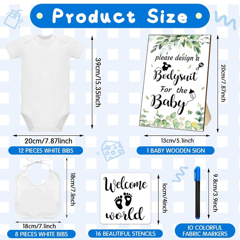 Chuarry 43 Pcs DIY Baby Bibs Decorating Kit 8 Bodysuits 8 Pcs 2 Ply White Bibs 10 Fabric Markers 16 Stencils Baby Shower Sign Greenery - Image 3