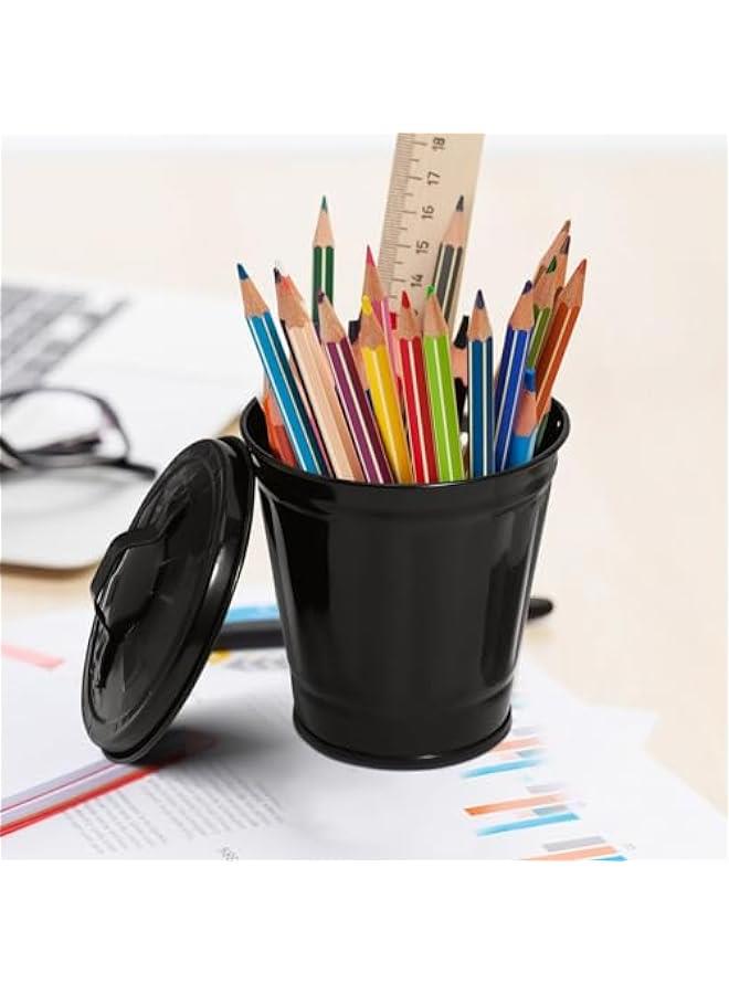 Arabest Small Black Metal Bucket with Lid for Tabletop Use as Tiny Wastebasket Flower Pot Pen Cup Holder.  - Image 2