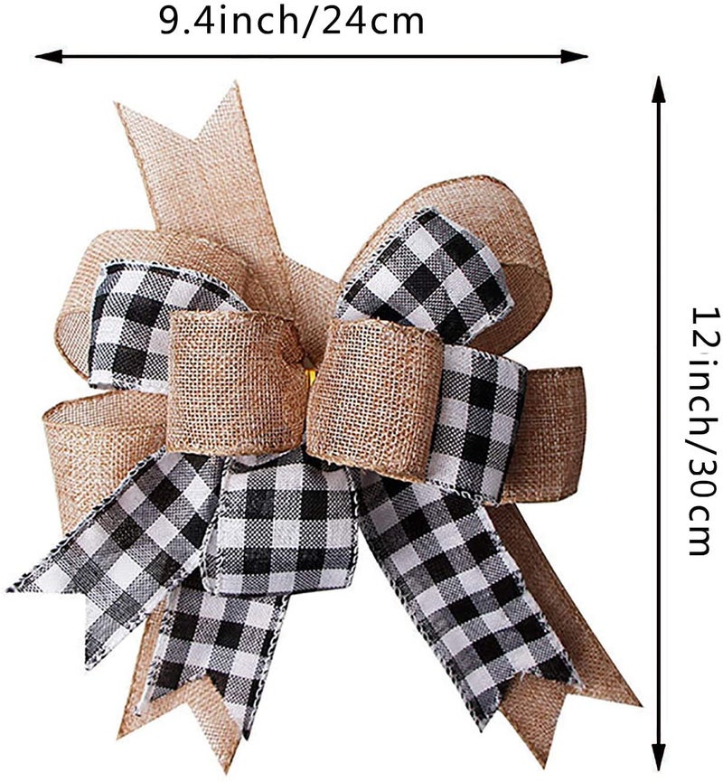 Hongsome Buffalo Plaid Burlap Bows for Wreath 2 Pack,12”x9.4”Large Rustic Farmhouse Decor Tree Topper Check Bow Decorations for Fall Wedding Holiday Party Wall Home Front Door Decorative(Black&White) - Image 2