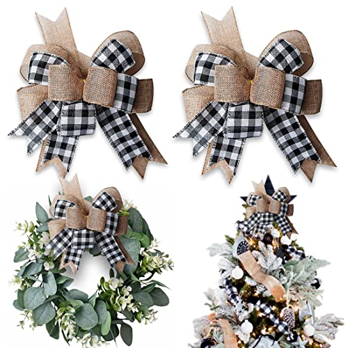 Hongsome Buffalo Plaid Burlap Bows for Wreath 2 Pack,12”x9.4”Large Rustic Farmhouse Decor Tree Topper Check Bow Decorations for Fall Wedding Holiday Party Wall Home Front Door Decorative(Black&White) - Image 1