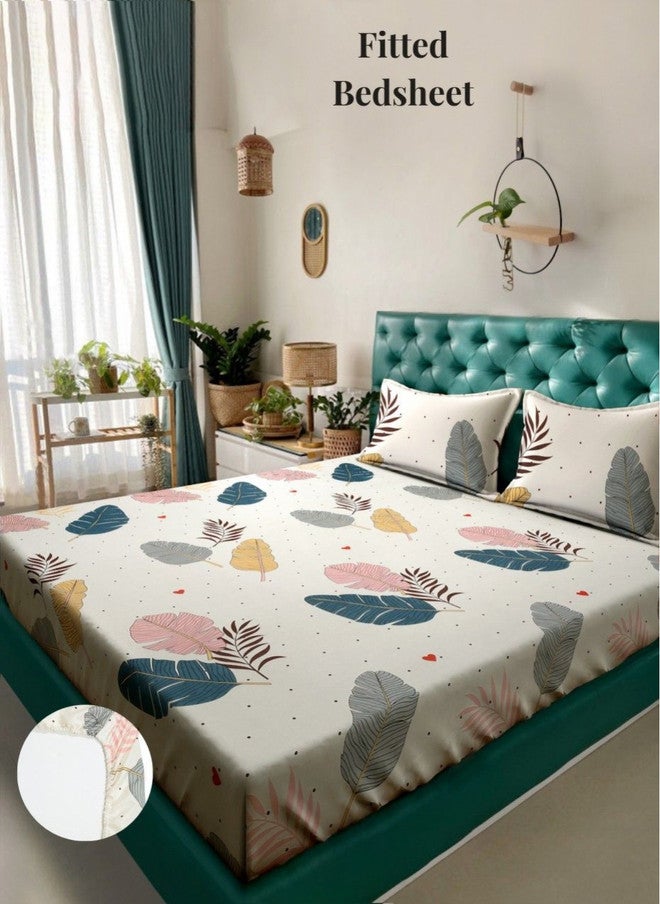 Arrabi Cream Leaf Polycotton 300 TC Fitted King Fine Bedsheet with 2 Pillow Covers - Image 3