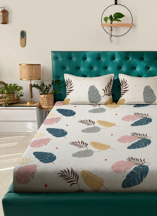 Arrabi Cream Leaf Polycotton 300 TC Fitted King Fine Bedsheet with 2 Pillow Covers - Image 1