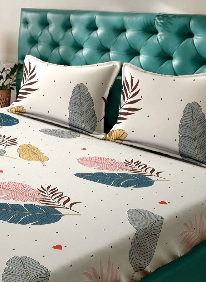 Arrabi Cream Leaf Polycotton 300 TC Fitted King Fine Bedsheet with 2 Pillow Covers - Image 2