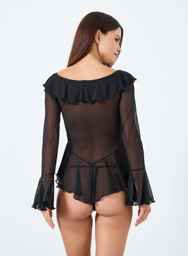 تايك تو طقم بلوزة شبك مزينة بفيونكة أمامية وكشكش مع شورت داخلي