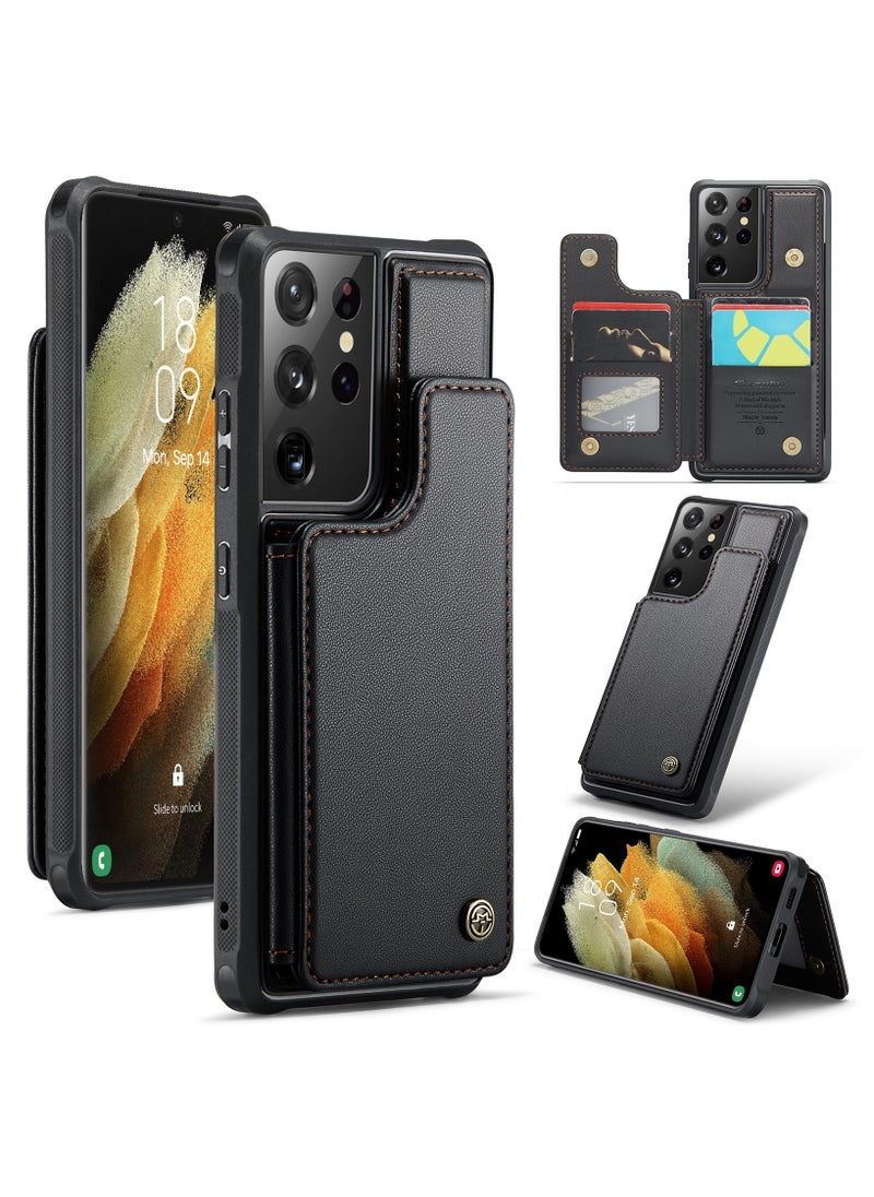 CaseMe Wallet Case for Samsung Galaxy S21 Ultra, Premium Handmade Durable PU Leather Slim Shockproof Case with [Double Magnetic Clasp] [Card Holder] [Kickstand] [RFID Blocking] (Black)  - Image 1