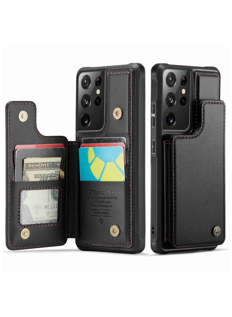 CaseMe Wallet Case for Samsung Galaxy S21 Ultra, Premium Handmade Durable PU Leather Slim Shockproof Case with [Double Magnetic Clasp] [Card Holder] [Kickstand] [RFID Blocking] (Black)  - Image 2